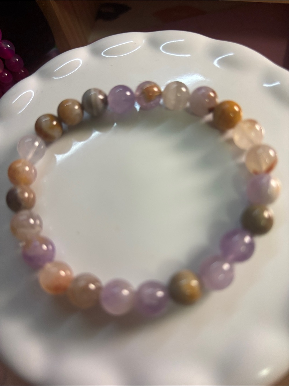 Purple Calcite 8mm Beaded Gemstone Stretch Bracelet - Lavender & Earth Tones